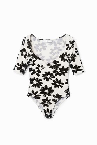 Floral ribbed bodysuit - WHITE - M - Desigual - Modalova