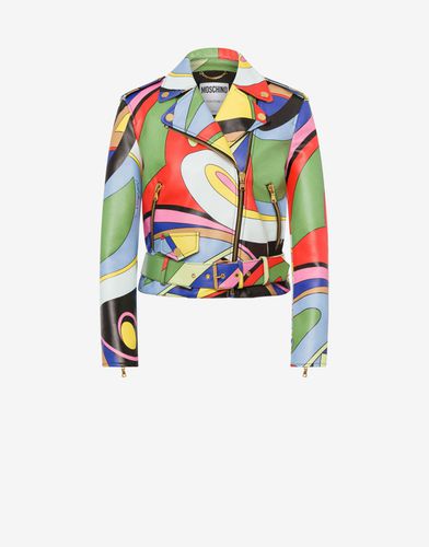 Multicolour Print Nappa Leather Biker Jacket - Moschino - Modalova