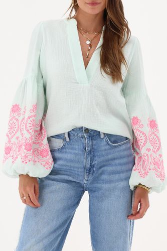 Mintgrüne bestickte Bluse mit V-Ausschnitt und Puffärmeln | - My jewellery - Modalova