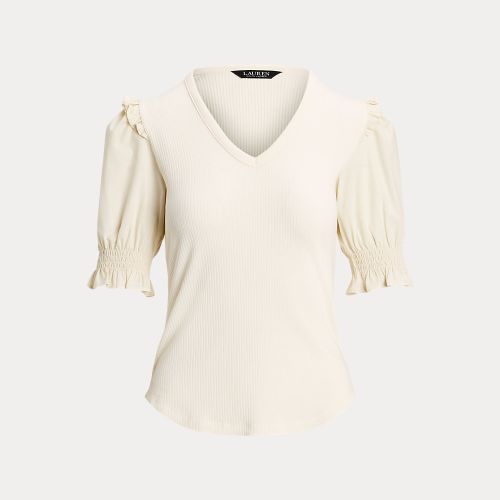 Rib-Knit Cotton-Blend Puff-Sleeve Top - Lauren - Modalova