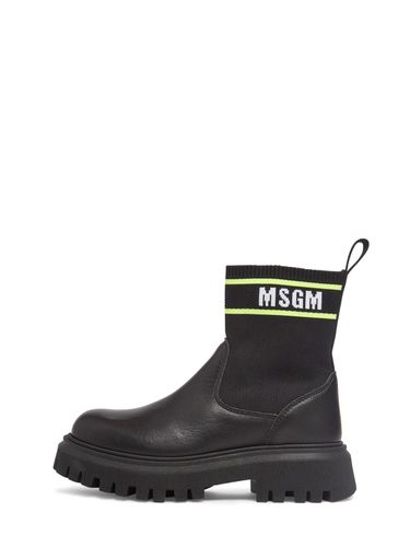 Botas De Piel Y Punto Con Logo - MSGM - Modalova