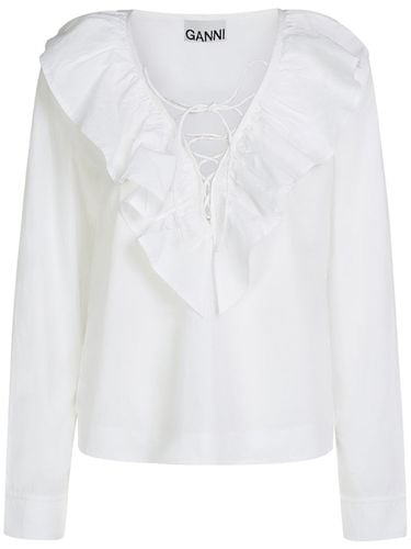 Ruffled Cotton Poplin V-neck Shirt - GANNI - Modalova