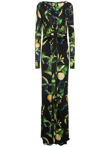 Printed Viscose Jersey Draped Maxi Dress - ROBERTO CAVALLI - Modalova