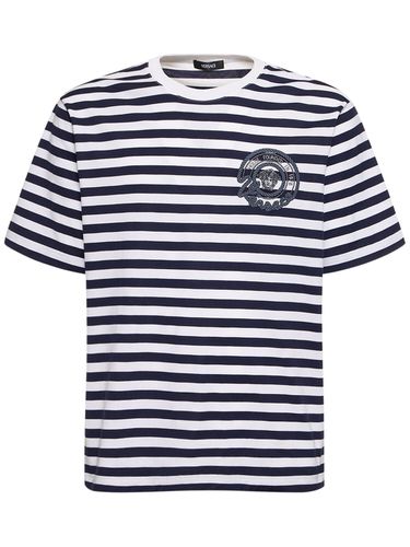 Logo Striped Cotton T-shirt - VERSACE - Modalova