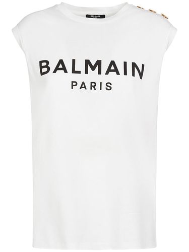 T-shirt In Cotone Con Bottoni E Stampa Logo - BALMAIN - Modalova