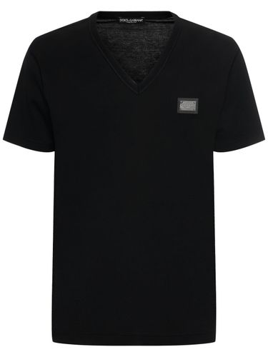 Logo Plaque Cotton V-neck T-shirt - DOLCE & GABBANA - Modalova