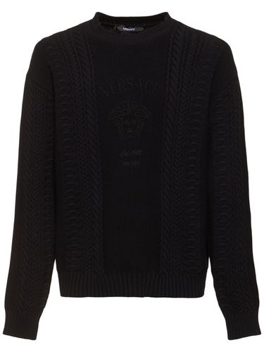 Logo Cotton Blend Cable Knit Sweater - VERSACE - Modalova