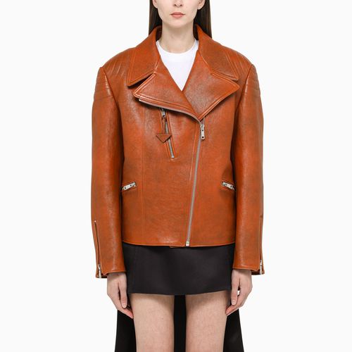 Brown vintage-effect leather biker jacket - Prada - Modalova