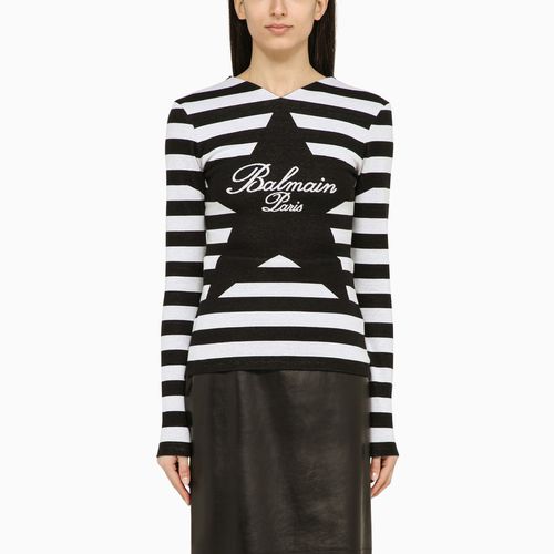 Maglia a righe nera e bianca con logo in cotone - Balmain - Modalova