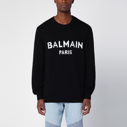 Maglia girocollo nera in misto lana con intarsio logo - Balmain - Modalova