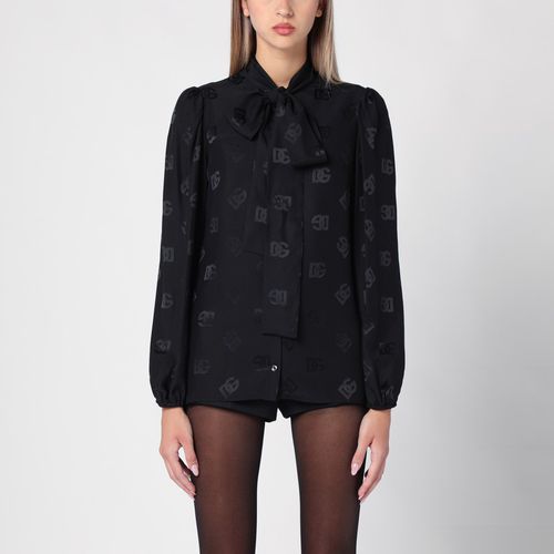 Camicia nera in raso di seta jacquard con logo - Dolce&Gabbana - Modalova