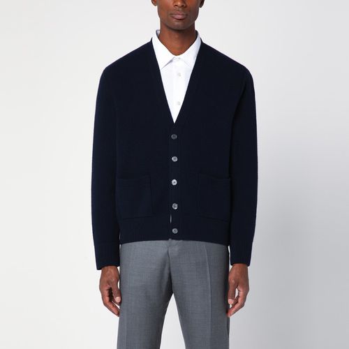 Marineblaue Wollstrickjacke mit dreifarbigem Einsatz - Thom Browne - Modalova