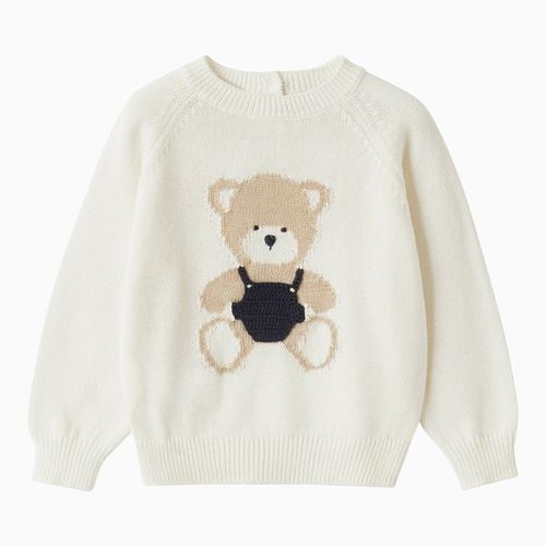 Milk- jacquard cotton sweater with teddy bear - Il Gufo - Modalova