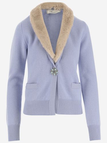 Wool Blend Cardigan With Faux Fur Collar - Blumarine - Modalova