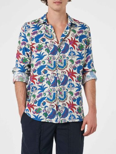 Man Navy Blue Linen Shirt Pamplona With Flower Print - MC2 Saint Barth - Modalova