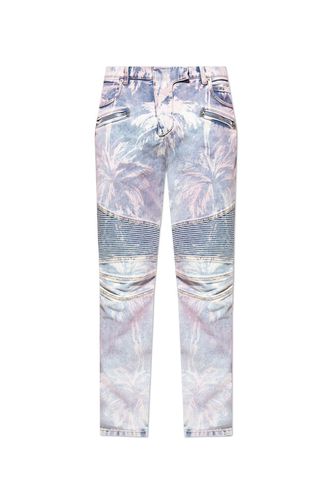 Palm Tree Printed Denim Biker Jeans - Balmain - Modalova