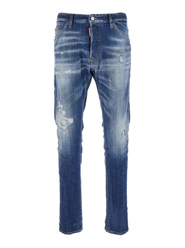 Cool Guy Blue Five-pocket Jeans With Logo Patch In Stretch Cotton Denim Man - Dsquared2 - Modalova