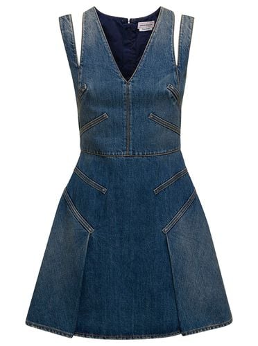 V-neck Pleated Denim Mini Dress - Alexander McQueen - Modalova