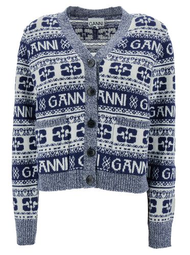 Grey Cardigan With Graphic Print All-over In Wool Blend Woman - Ganni - Modalova