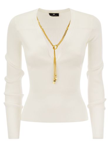 Long-sleeved Ribbed Viscose Top With Necklace - Elisabetta Franchi - Modalova