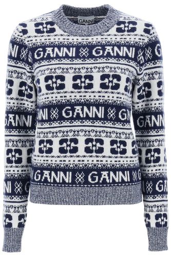 Jacquard Wool Sweater With Logo Pattern - Ganni - Modalova