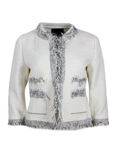 Chanel-style Jacket With Long Sleeves And Mandarin Collar In Worked Cotton With Ribbon Applications On The Edges - Lorena Antoniazzi - Modalova