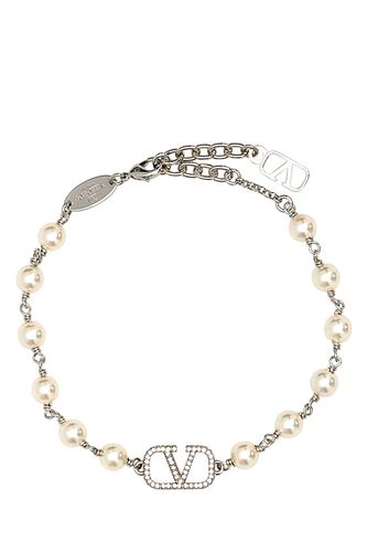 Two-tone Metal And Pearls Vlogo Bracelet - Valentino Garavani - Modalova