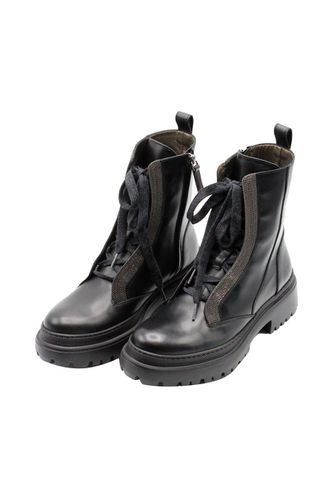 Amphibious Ankle Boot In Leather With Side Zip And Jewels On The Side Band Of The Laces - Brunello Cucinelli - Modalova