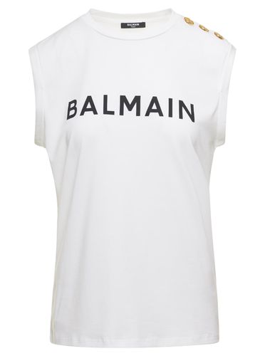 Tank Top With Contrasting Lettering Print And Jewel Buttons In Cotton Donna - Balmain - Modalova