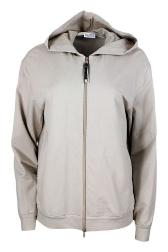 Stretch Cotton Sweatshirt With Hood And Jewel On The Zip Puller - Brunello Cucinelli - Modalova