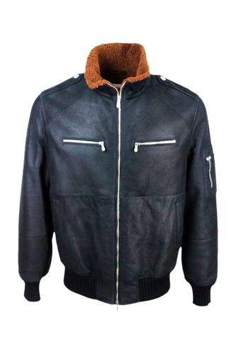 Suede Shearling Bomber Jacket With Zip Closure And Knitted Cuffs And Bottom - Brunello Cucinelli - Modalova