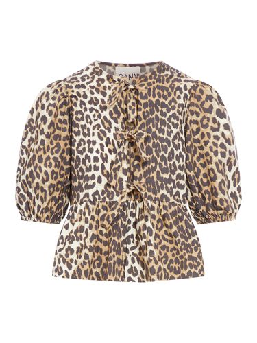 Leopard Cotton Poplin Peplum Tie Blouse - Ganni - Modalova