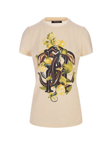 Ivory T-shirt With Lemons And Snake Print - Roberto Cavalli - Modalova