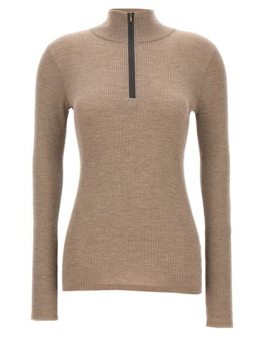 Lightweight Ribbed Virgin Wool And Cashmere Sweater With Precious Half Zip - Brunello Cucinelli - Modalova