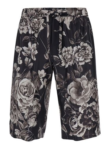 And White Bermuda Short With Flower Print In Silk Twill Man - Dolce & Gabbana - Modalova