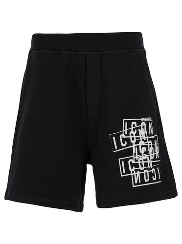 Black Bermuda Shorts With Icon Logo Print In Cotton Man - Dsquared2 - Modalova