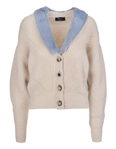 Beige Wool Cardigan With Blue Eco-fur - Blumarine - Modalova