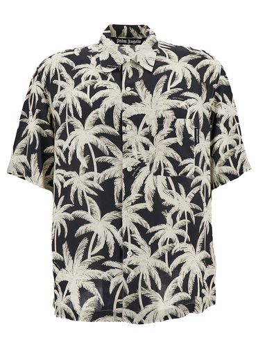 And White Short Sleeve Shirt With All-over Palm Print In Viscose Man - Palm Angels - Modalova