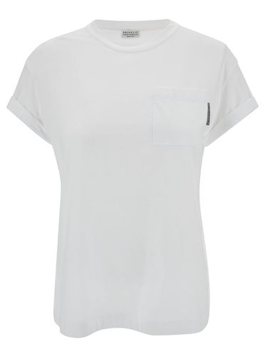 Crewneck T-shirt With Patch Pocket And Monile Detail In Stretch Cotton Woman - Brunello Cucinelli - Modalova