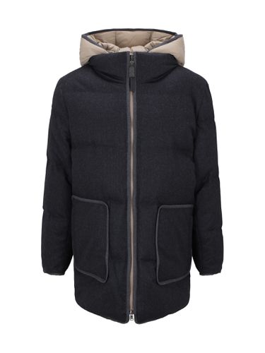Long Down Jacket In Soft Wool Padded With Real Goose Down With Detachable Front With Hood - Brunello Cucinelli - Modalova