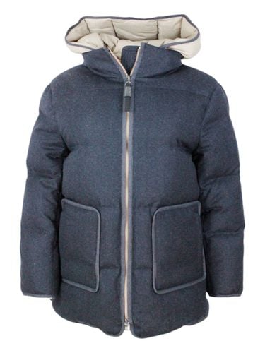 Long Down Jacket In Soft Wool Padded With Real Goose Down With Detachable Front With Hood - Brunello Cucinelli - Modalova