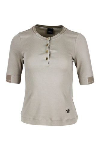 Short-sleeved Ribbed Crew-neck Cotton T-shirt With Button Closure And Swarosky Star - Lorena Antoniazzi - Modalova