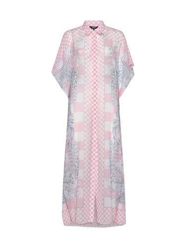 Pink Shirt Dress With Barocco Check Print All-over In Viscose Woman - Versace - Modalova