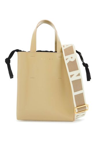 Beige Leather Shopping Bag With Short Handles And Shoulder Strap - Marni - Modalova