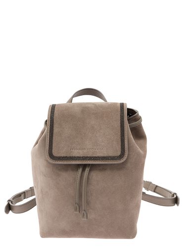 Beige Backpack With Engraved Logo And Monile Detail In Suede Woman - Brunello Cucinelli - Modalova