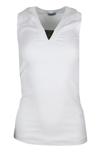 Tank Top T-shirt In Ribbed Stretch Cotton With V-neck And Monili - Brunello Cucinelli - Modalova