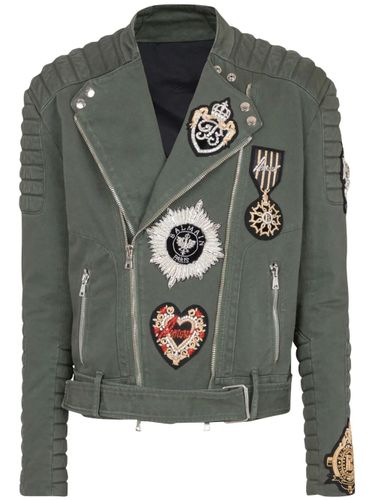 Denim Biker Jacket W/ Patch - Kaki - Balmain - Modalova