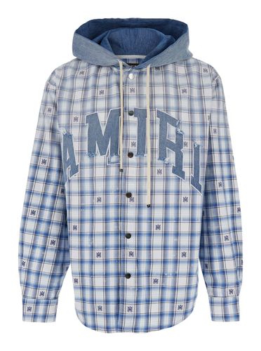 Light Blue Overshirt With Hood And Logo Print In Cotton Man - AMIRI - Modalova