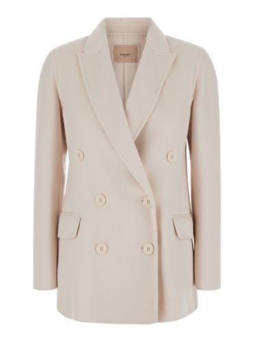 White Double-breasted Coat With Peak Revers In Wool Blend Woman - TwinSet - Modalova