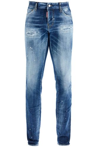 Navy Blue Vintage Effect Cotton Jeans With Visible Logo - Dsquared2 - Modalova